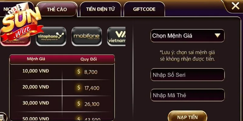 Các bước nạp tiền Sunwin qua thẻ cào điện thoại cực kỳ đơn giản